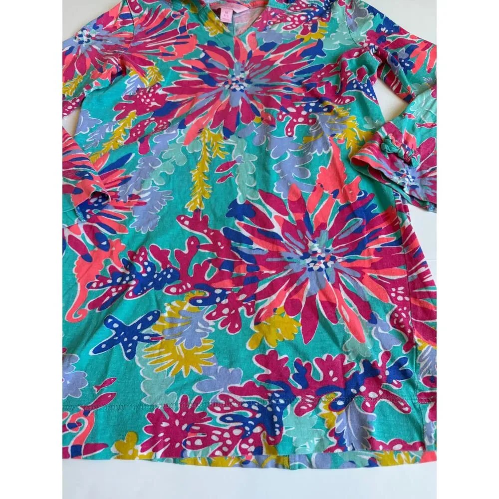 Lilly Pulitzer Girls Medium 6-7 Teal Floral Hooded Swim Cover-Up 100% Cotton